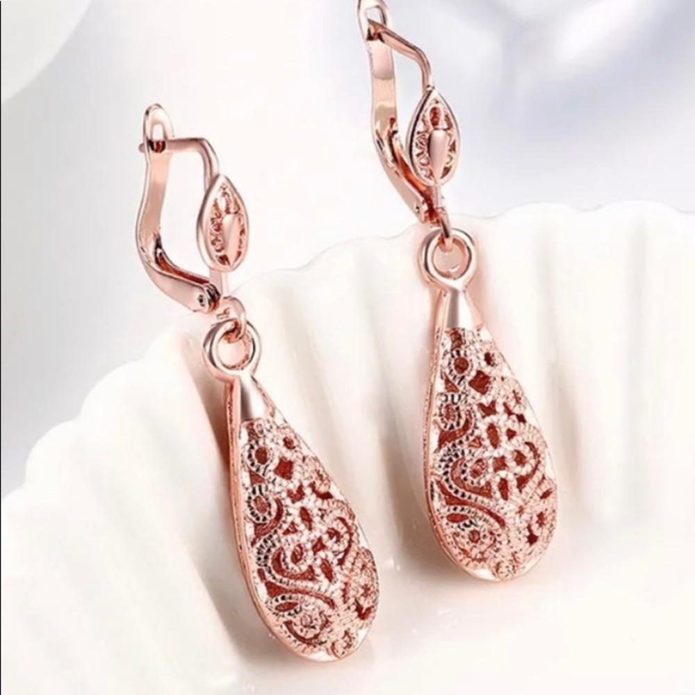 Rose Gold Filigree Teardrop Earrings - Women Jewelry Earrings